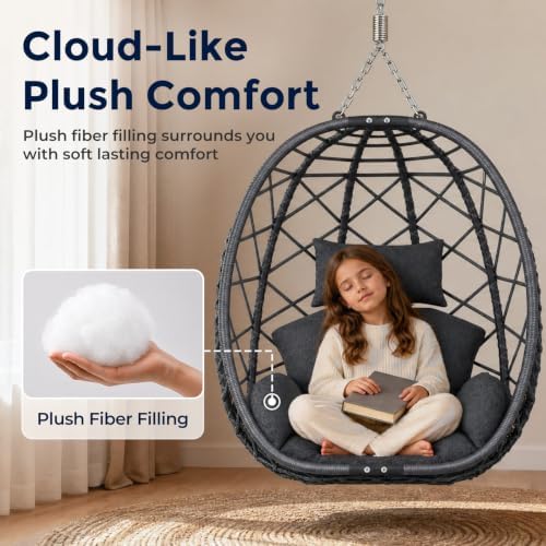 SWITTE Hanging Egg Chair with Stand Outdoor, Wicker Patio Swing, Grey