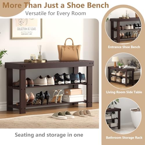 NEWBULIG Shoe Rack Bench, 3-Tier Bamboo Shoe Organizer, Wooden Entryway Stora...