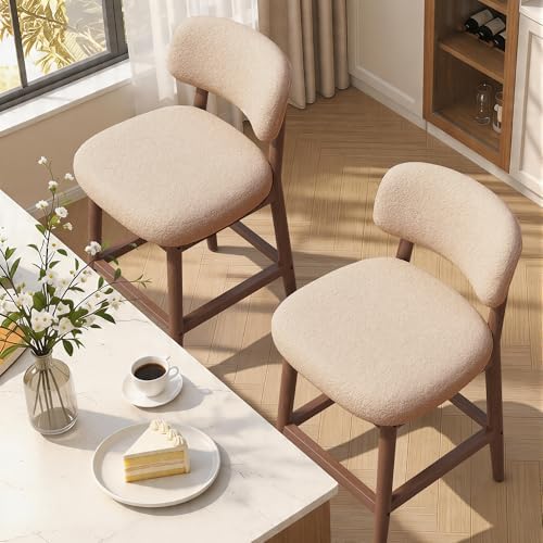 Solid Wood Counter Height Bar Stools Set of 2, Fluffy Boucle Bar Chairs with ...