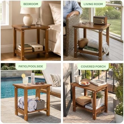 Acacia Wood Adirondack Side Table, 2-Tier Outdoor End Table - Walnut