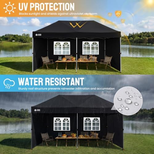 CROWN SHADES 10X15 Pop Up Canopy Tent with Sidewalls, Instant Setup, Black