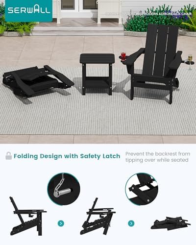 SERWALL Modern Folding Adirondack Chairs Set of 2, HDPE, Cup Holders, Black