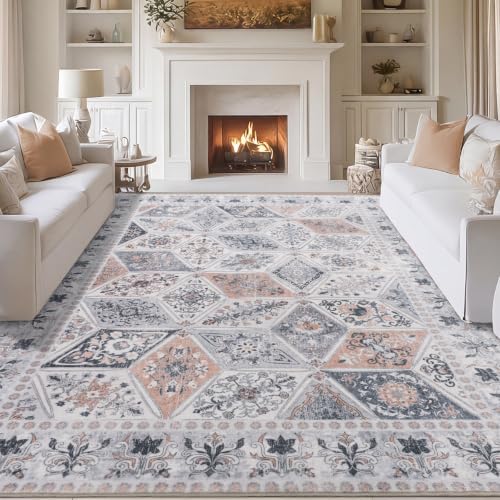 Moroccan Patchwork Washable Area Rug 6x9 for Living Room, Ivory Beige