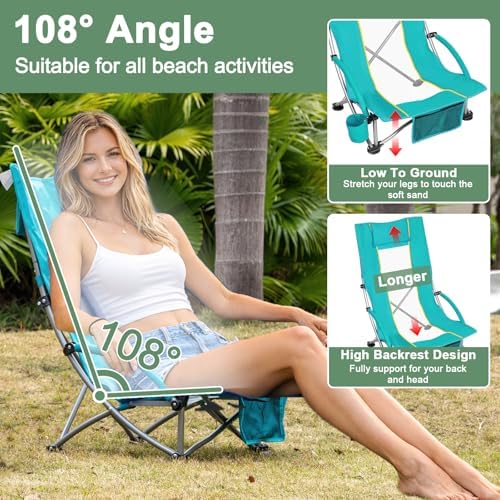 Romswi High Back Beach Chair, Compact Lightweight Low Seat Camping Chair, Fit...