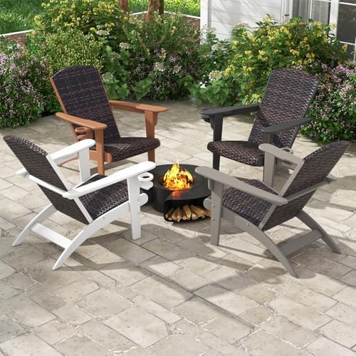 Tangkula Patio Wicker Adirondack Chair, HDPE Lounge Chair w/Rattan Padded Sea...