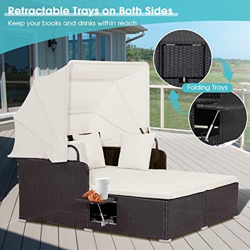 Moccha Outdoor Daybed with Retractable Canopy, Wicker Cabana with 2 Side Tabl...