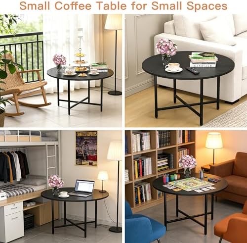 FAMIDGE Coffee Table, 23.6" Round Coffee Table, Black Living Room Tables