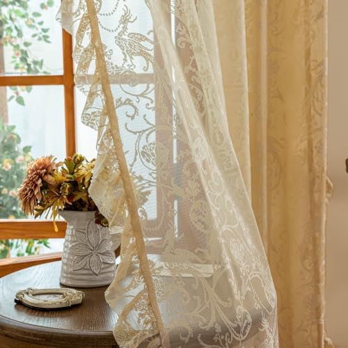 TUDECO Beige Lace Ruffle Curtains 80 Inch Length, Rustic Floral 2 Panels
