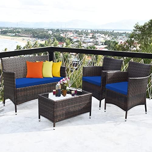 Tangkula 4-Piece Modern Patio Rattan Conversation Set, Outdoor Wicker Furnitu...