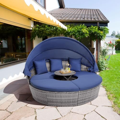 RELAX4LIFE Round Outdoor Daybed with Canopy, Rattan Wicker Sectional Sofa Set...