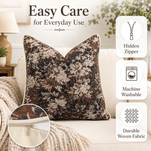 CROWNED BEAUTY Farmhouse Floral Throw Pillow Covers, 24x24, Brown, Set of 2