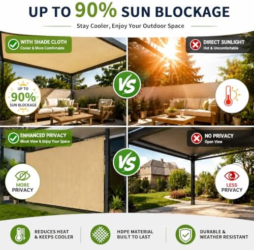 90% Outdoor Sun Shade Cloth, 6’ x 20’, Pergola, Deck, and Backyard Patio Suns...