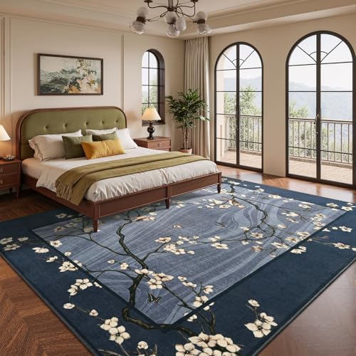 6x9 Navy Blue Oriental Floral Bird Butterfly Print Area Rug