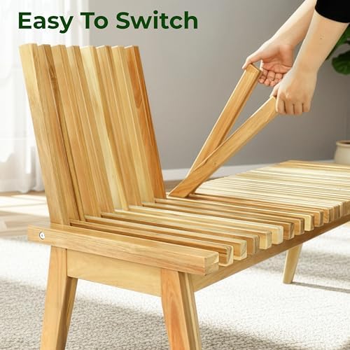 Melino Wooden Bench Outdoor 47" Convertible Acacia Wood Bench, Solid Woo...