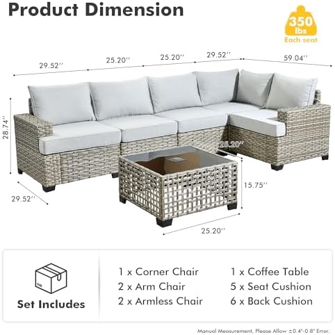 HOOOWOOO Outdoor Sectional Patio Furniture Set,6 Pieces Wicker Conversation S...