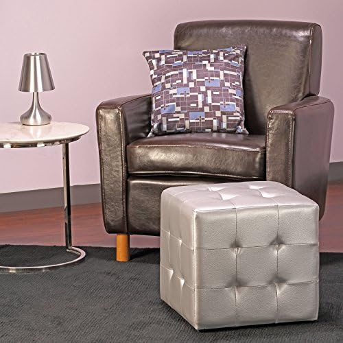 Cortesi Home Apollo Cube Ottoman in Metallic Silver Faux Leather