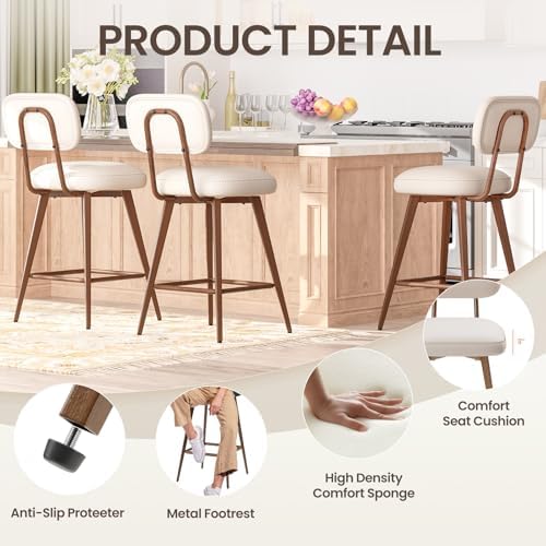 MALOL 26“ Mid Century Leather Swivel Bar Stools Set of 2, Beige