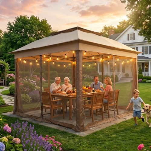 COOS BAY 11x11 Pop Up Gazebo with Netting, Canopy Tent, Beige