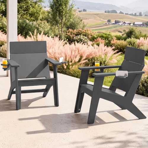 SERWALL Modern Adirondack Chairs Set of 2, Cup‑Holder, Solid Backrest, Grey