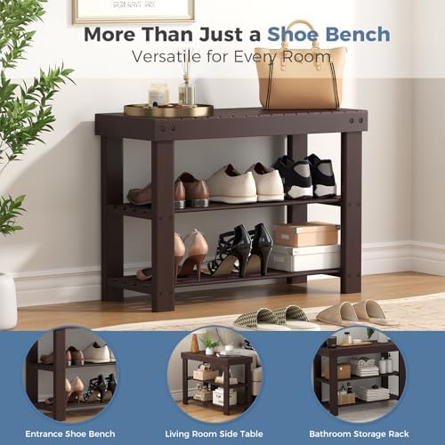 DUMOS Wooden Shoe Rack Bench with Storage, 3-Tier Bamboo Entryway Benches, Sh...