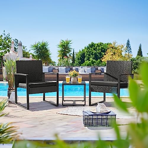 Flamaker 3 Pieces Patio Furniture Set Outdoor Wicker Bistro Chair (Black)
