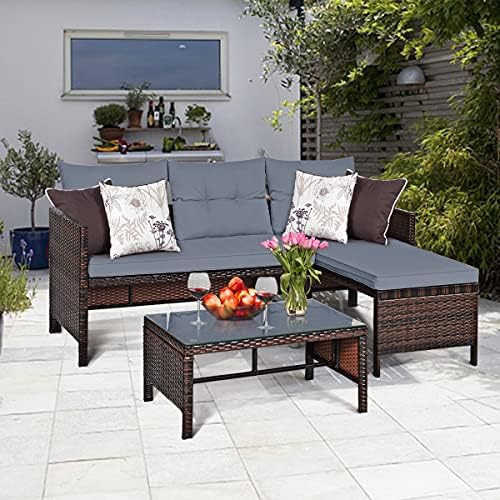 RELAX4LIFE 3-Piece Patio Furniture Set, Outdoor Wicker Sectional Sofa Set w/W...