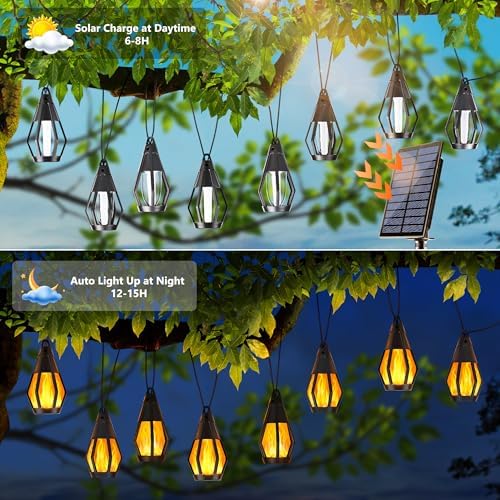 Solar String Lights for Outside, 44Ft Solar Patio Light with 20 Flickering