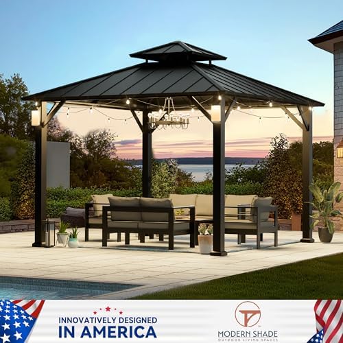 Modern Shade Hardtop Gazebo 10x10 with 4 LED Lights for Backyard, Black