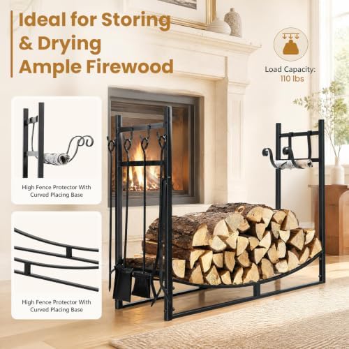 Goplus Firewood Rack Indoor, 36” Firewood Holder with 4- Piece Fireplace Tool...