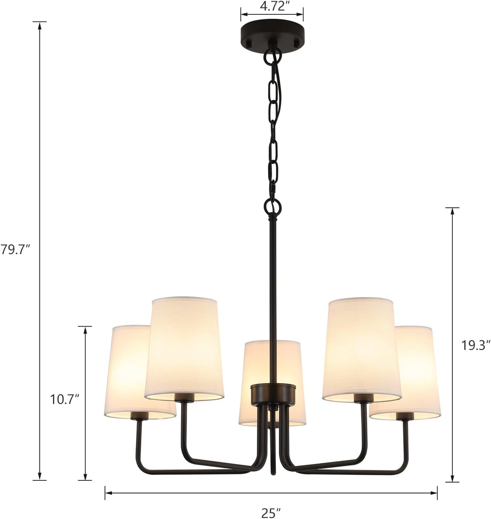 AMZASA Farmhouse Chandelier, Matte Black with White Fabric Shade, Farmhouse L...