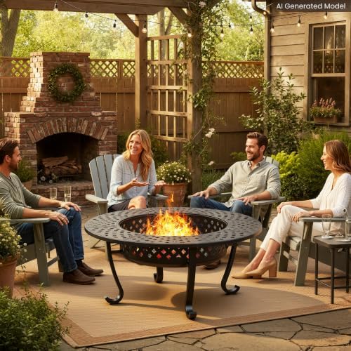 43" Large Fire Pit for Outside with 2 Adjustable Grills,Lid & Fire P...