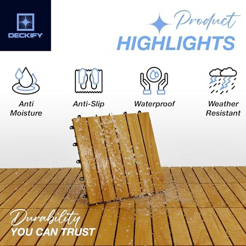 Acacia Interlocking Deck Tiles Outdoor Waterproof, Golden Teak Striped