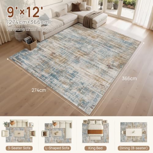UERMEI 9x12 Area Rug for Living Room Washable Abstract Blue Brown Carpet