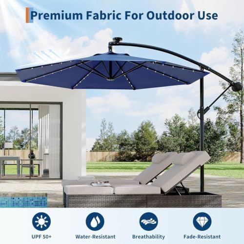 Garvee 10FT Solar Lights Offset Patio Umbrella with Cross Base, Navy Blue