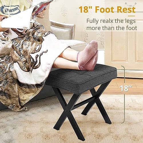 LUE BONA Vanity Stool, Square Linen Makeup Stool with Metal X Legs, Small Ott...
