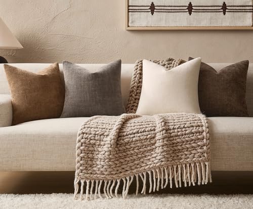 Pack of 4 Throw Pillow Covers 20x20 Inch Chenille Textured Neutral Brown Soft...