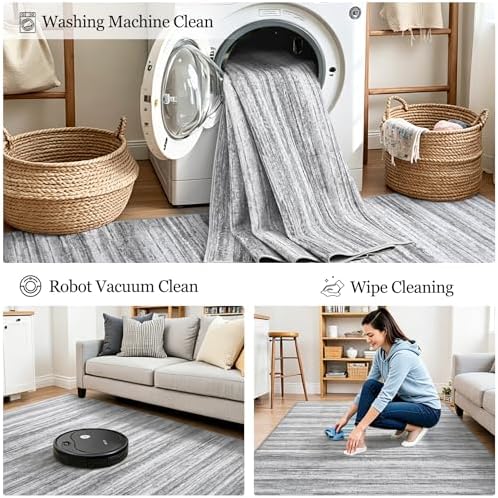 Chicrug 4x6 Grey Washable Striped Abstract Area Rug for Bedroom Living Room