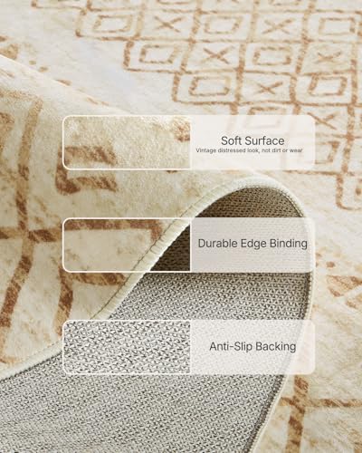 Amada Homefurnishing 9x12 Washable Area Rugs, Beige Boho Geometric Low-Pile R...