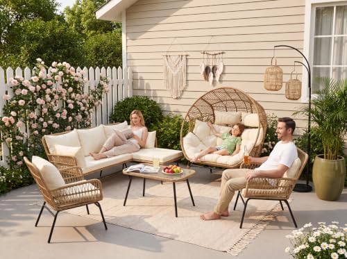 NICESOUL 6 Piece Boho Patio Furniture Set, 500lbs Heavy Duty Wicker Outdoor S...