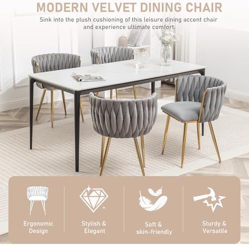 Grey Velvet Dining Chairs Set of 4, Modern Upholstered Dining Room Chairs wit...