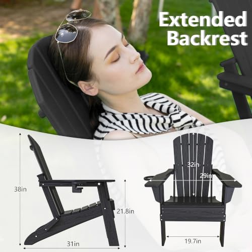 Plawdlik HDPE Folding Adirondack Chair Set of 2 with Cup Holder, Black