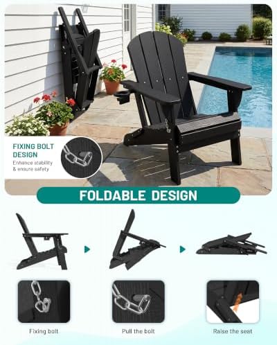 PLUUV Adirondack Chair Set of 2, Fire Pit Chairs with Cup Holder, Black