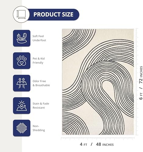 Abani Cream and Black Swirl Area Rug | 4" x 6" Beige Carpet with Wa...