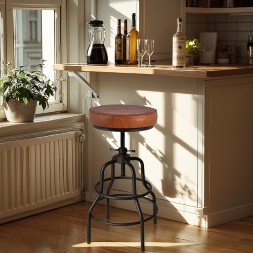 LOKKHAN Industrial Bar Stools-Swivel Leather Metal Bar Stool-20-27 Inch Tall ...