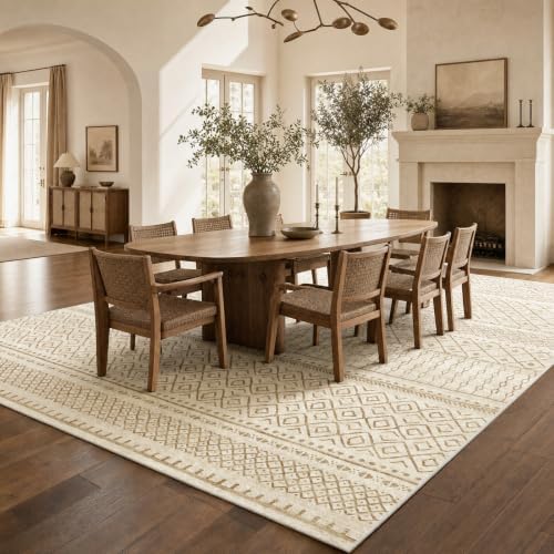 Amada Homefurnishing 9x12 Washable Area Rugs, Beige Boho Geometric Low-Pile R...
