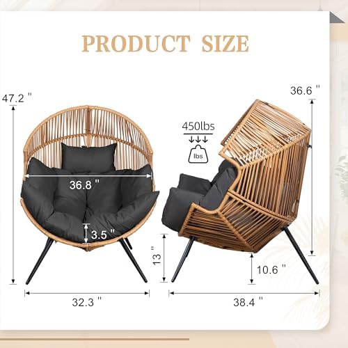 Vongrasig Outdoor Wicker Egg Chair PE Rattan Chair with Cushion, Oversized Pa...