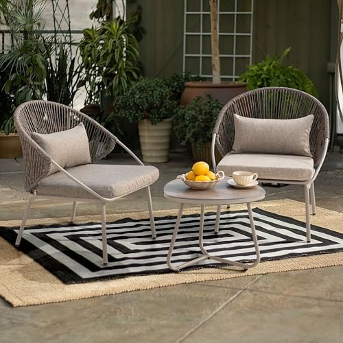 NUU GARDEN Outdoor 3 Piece Bistro Set, Woven Rope Chair with Zippered Cushion...