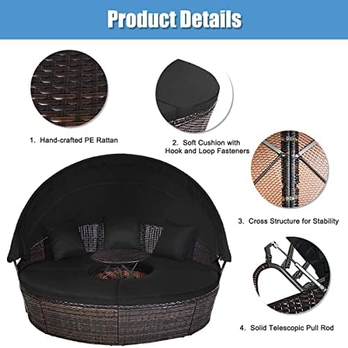 HAPPYGRILL Outdoor Daybed with Canopy, Wicker Rattan Sectional Sofa with Coff...