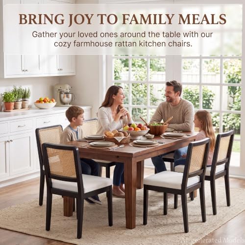 HNY Modern Farmhouse Rattan Dining Chairs Set of 6, Beige Linen Upholstered D...
