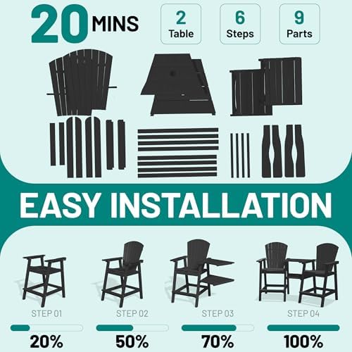 PLUUV Tall Adirondack Chairs Set of 2 with Double Connecting Trays, Black